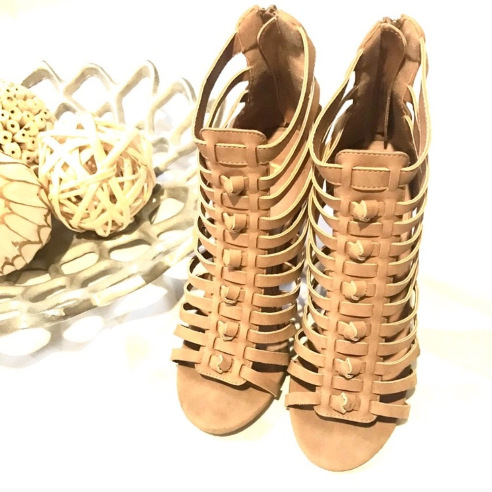 Vici Tan Caged Peep Toe Heels Sandals
